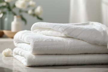 A stack of white bathroom towels for the bathroom