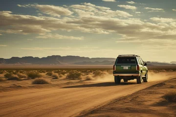 Abwaschbare Fototapete A truck driving down a dirt road in the desert. Generative AI. © Natalia