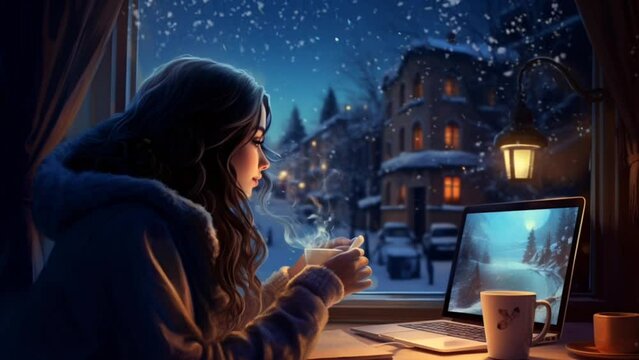 A cartoon girl sits in a room with a window against a winter background. seamless looping time-lapse virtual video animation background. Generated Al