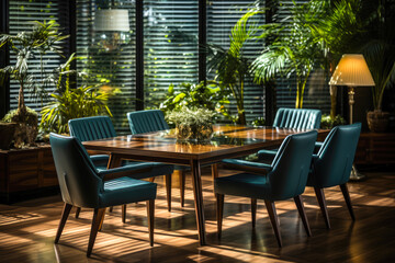 Elegant dining ambiance: Teal and amber-themed table, nature motifs, by a window with plants, lamps. Luxe dinner setting amidst lush greenery, turquoise, orange accents.