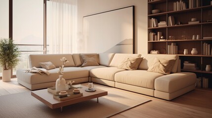 Beige sofa in a cozy living room, furniture in a modern interior