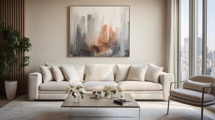 Beige sofa in a cozy living room, furniture in a modern interior