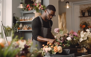 Shot of a handsome black young florist man, working in flower shop