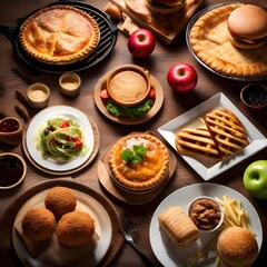Fototapeta na wymiar pancakes with meat, pizza, hamburger, apple and vegetables set on a table. Collections of Americans cuisine menu 