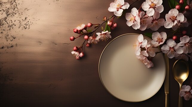 Table setting, harmonious combination of ornaments, dining for various events, wedding invitations, banquet christening, birthday parties. banner, copy space, background, text