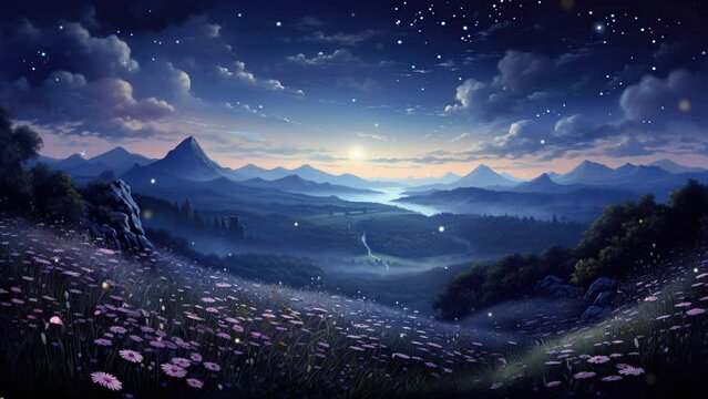 Celestial Wilds: Surreal Sky over Floral Hillscape. Seamless Looping Time-lapse Virtual Video Animation Background.