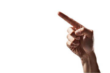 Mão apontando para cima. Mão masculina apontando para o alto no topo esquerdo. Mão de homem apontando em fundo branco ou sem fundo, transparente.