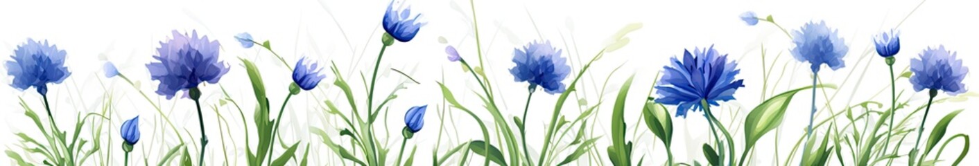 Painted cornflowers are blue with green leaves on a white background - obrazy, fototapety, plakaty