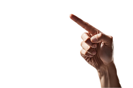 M&atilde;o apontando para cima. M&atilde;o masculina apontando para o alto no topo esquerdo. M&atilde;o de homem apontando em fundo branco ou sem fundo, transparente.