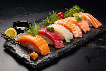 Sushi Set sashimi and sushi rolls served on stone slate - Powered by Adobe