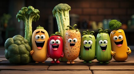 Vegetables fruit cartoon personality character, funny dietary ingredients of proper food, cute and funny products, grocery with human facial features . - obrazy, fototapety, plakaty