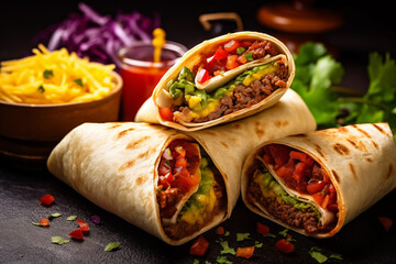 Burritos wraps with beef and vegetables on black background. Beef burrito, mexican food - obrazy, fototapety, plakaty