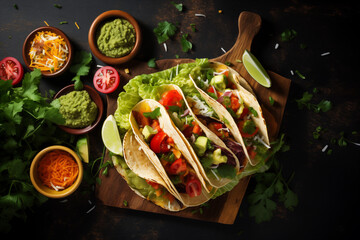 Mexican food background: Tacos, nacho chips, guacamole, salsa, cheese sauces with ingredients.