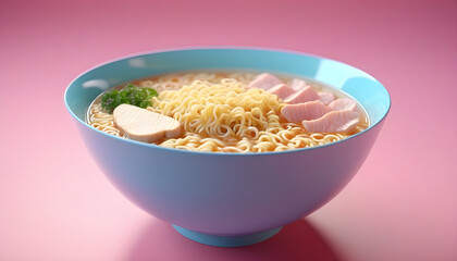 blue bowl of noodles and chicken in a pink background 