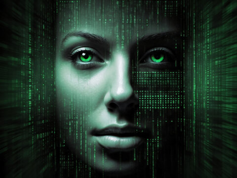 female face portrait and computer code abstract technology background