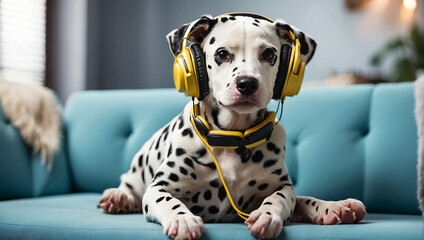 Cute Dalmatian dog wearing headphones on the sofa