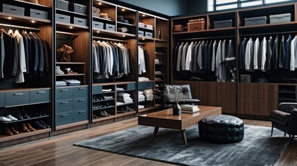 Exclusive men's dressing room in a modern home, a room with clothes