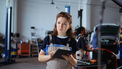 Cheerful engineer in repair shop using tablet to check car performance parameters during inspection. Relaxed garage workspace employee using device to examine damaged vehicle