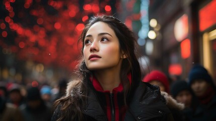 Fototapeta premium Young Asian Woman Walking Through City Streets Celebrating Chinese New Year