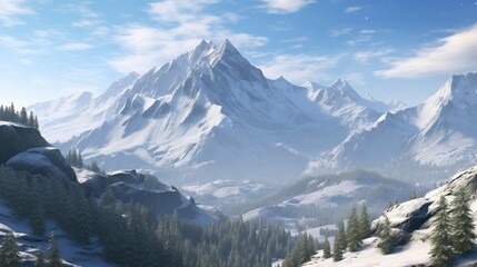 Virtual winter wonderland with serene snowy mountains and snow-capped peaks. Detailed, sharp focus reveals glistening ice crystals on jagged edges. Tranquil scene of frozen beauty