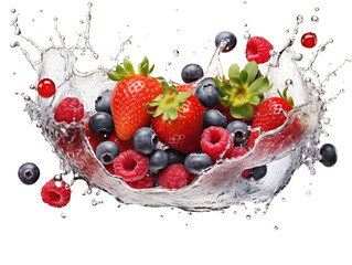 Mix berries fruit liquid splashing of Tropical fruits falling into water isolated on transparent background. Generative AI