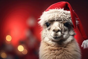 Cute llama wearing Christmas hat Posing red background funny looking santa new year clipart