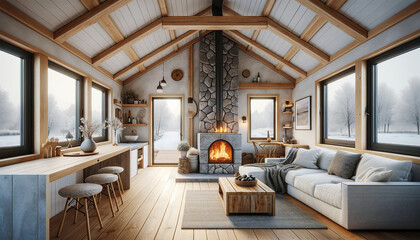 Black modern tiny house living room interior white ceiling wood fireplace