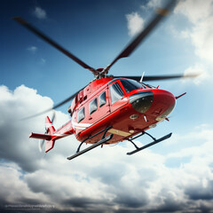 a red helicopter flying in a blue sky