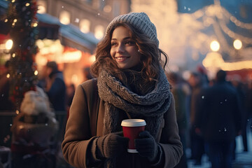 mujer joven con ropa de invierno, gorro de lana y sonriente sosteniendo un café entre sus manos en una calle iluminada con decoración navideña y fondo desenfocado
