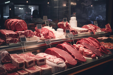 Meat shelf in a supermarket. Generative AI - obrazy, fototapety, plakaty