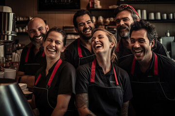 group of coffee baristas, frontline staff, restaurant servers, smiling, having fun in a coffee shop, cafe, restaurant, diner.  Concept of teamwork, collaboration, working together,  - obrazy, fototapety, plakaty