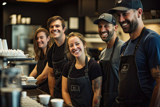 group of coffee baristas, frontline staff, restaurant servers, smiling, having fun in a coffee shop, cafe, restaurant, diner.  Concept of teamwork, collaboration, working together, 