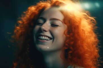 Portrait of a red-haired curly-haired joyful girl