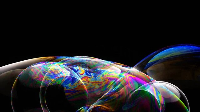 3d render of abstract art loop video animation of surreal soap bubbles balls spheres water liquid in rainbow neon gradient light color in transition deformation process on black background