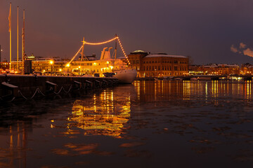 View of illuminated port at night