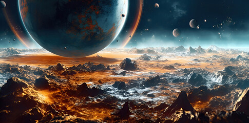 Cosmic mountain landscape with different planets