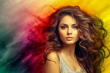 Captivating woman with voluminous, wavy hair in a colorful wind-blown effect on a gradient background.