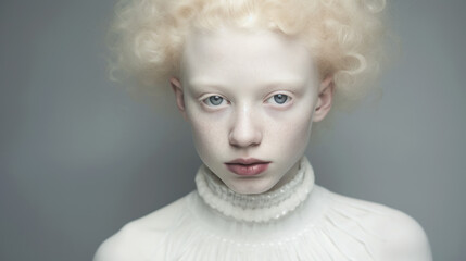 Close-up portrait of young Caucasian girl with albinism syndrome. Abnormal deviations.  - obrazy, fototapety, plakaty