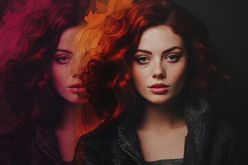 Fototapeta premium Surreal double exposure portrait of a woman with a fiery red mane, projecting a dual image of mystique and vibrance.
