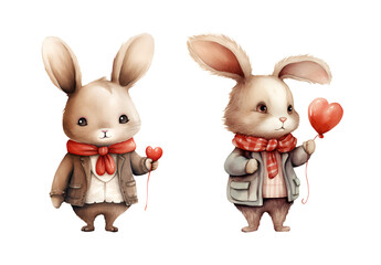 Fototapeta premium Cute animal hare, valentine's day, watercolor clipart illustration with isolated background