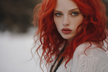 Fototapeta premium Striking portrait of a woman with bright red hair and bold makeup, her gaze captivating against a snowy background.