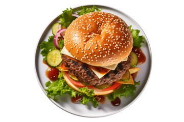 hamburger with vegetables on plate, isolated on transparent background, PNG file, professional studio photo, above view
