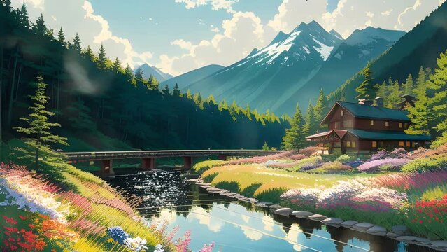 landscape in the mountains acrylic painting. Cartoon or anime illustration style. seamless looping 4K virtual video animation background.