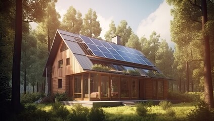 The concept of alternative energy sources. House in the woods with solar panel