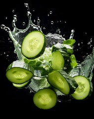 Experience the Refreshing Burst: Splashing Cucumber Slices in Water! Generative AI