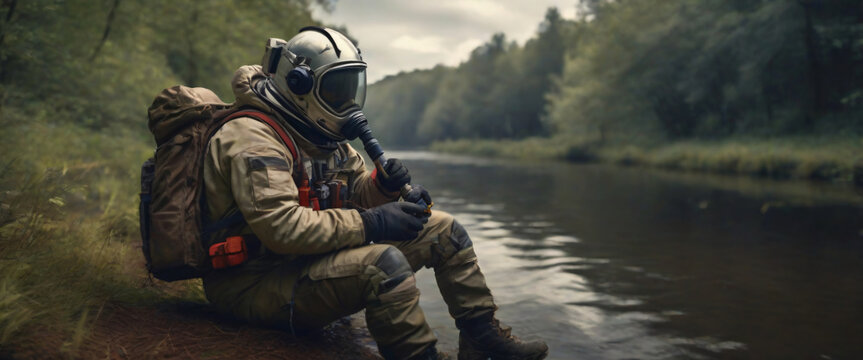 portrait of An astronaut sits fishing on the edge of a canal in the middle of the forest