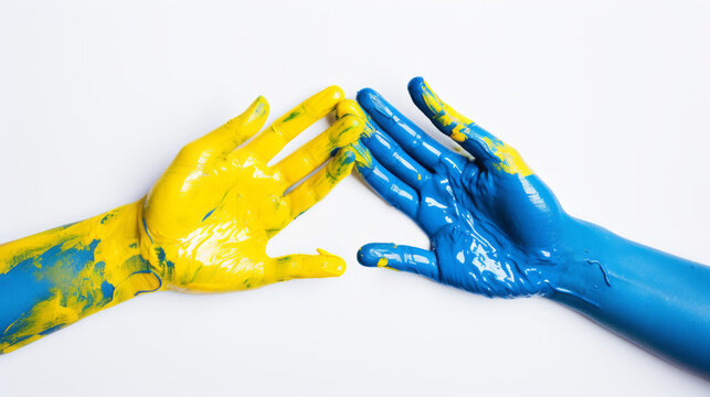 Down syndrome symbol, Two painted blue and yellow hands on white background 