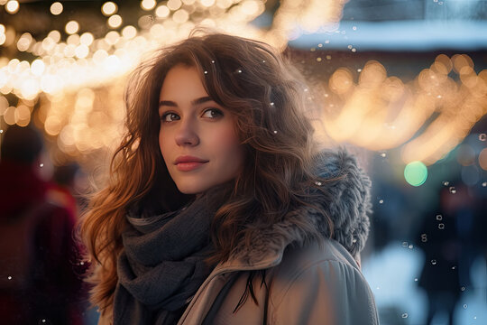 Chica joven abrigada en un mercadillo nocturno con luces de navidad nevando