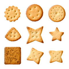 Set of crackers cookies of different shapes close-up on a white. Top view - obrazy, fototapety, plakaty