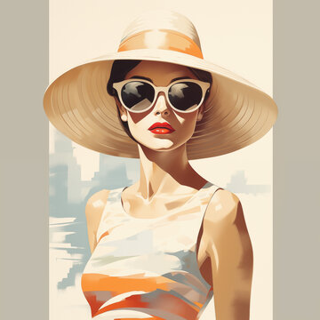 Fashionable woman in sunglasses and sun hat. Retro summer urban travel vacation concept.